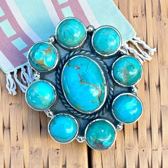 BIG Turquoise Cluster Statement Southwestern Sterling Silver Ring Adjusts 7 8 9 - Picture 3 of 7